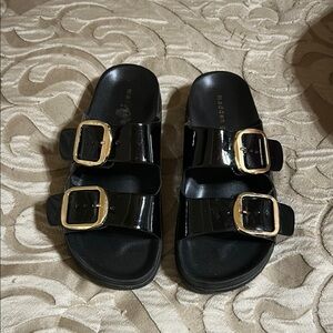 Madden Girl Glossy Black Slides with Gold Buckles